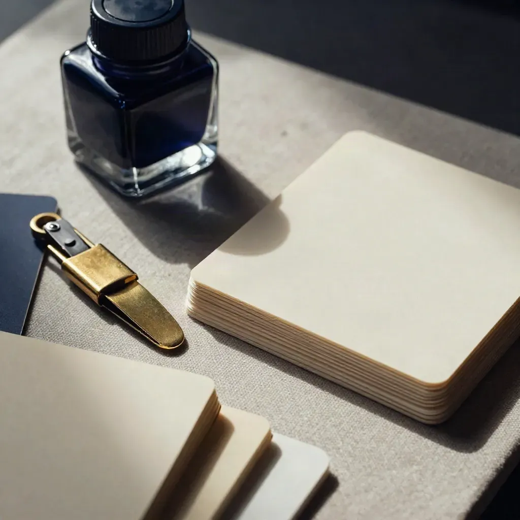 Ivory swatches, navy ink, brass opener and folded card on a textured proofing board.