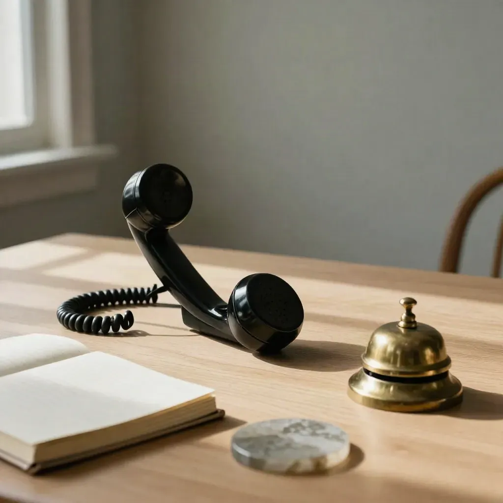 Black telephone handset, brass bell, closed notebook and stone coaster on pale oak.
