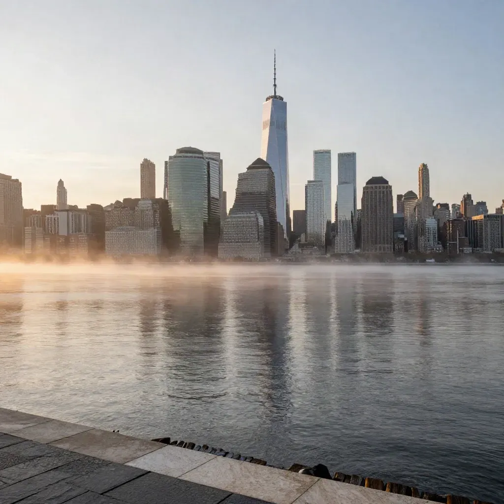 Sunlit lower Manhattan skyline above a calm misty East River from Brooklyn waterfront.