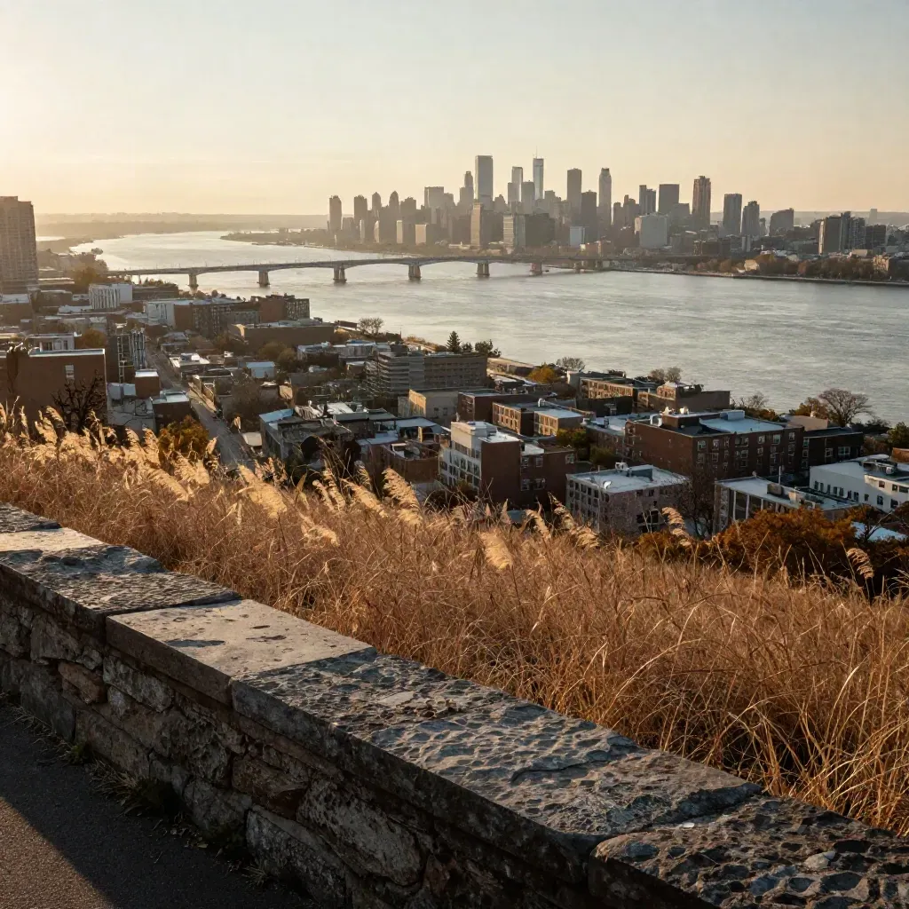 Hudson waterfront and Jersey City bridges from a hazy hillside overlook at golden hour.