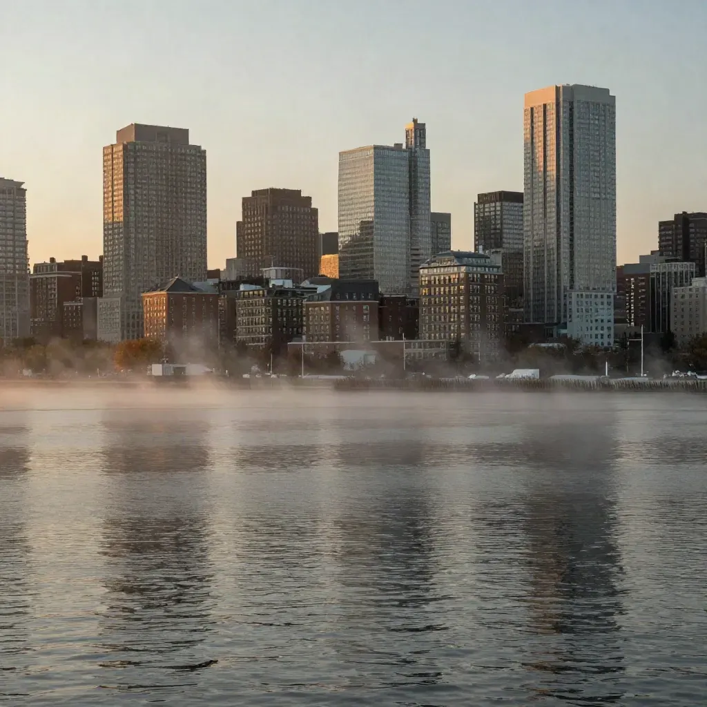 Misty Boston skyline from the Charles River with calm water and evening haze.