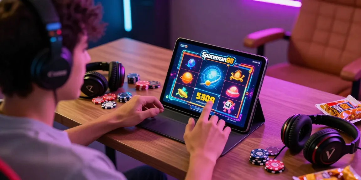 Player engaging with Spaceman88 online slots, showcasing vibrant graphics and gaming setup.