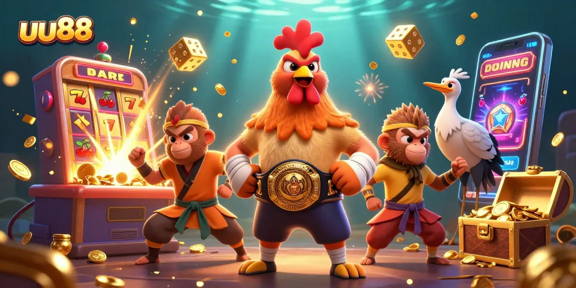 Experience excitement and rewards with uu88's vibrant casino atmosphere showcasing animated characters and games.