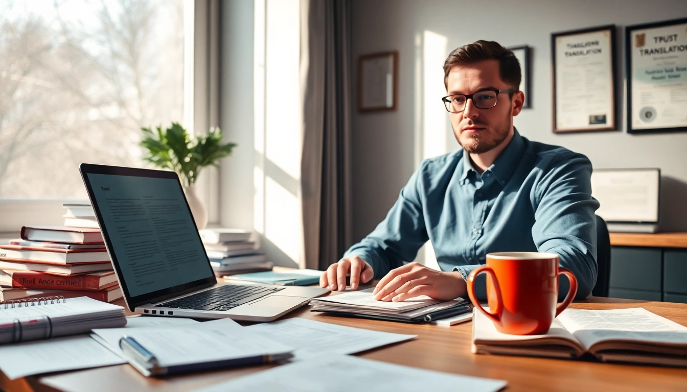 Professional translator working on authorized translations with documents and laptop.