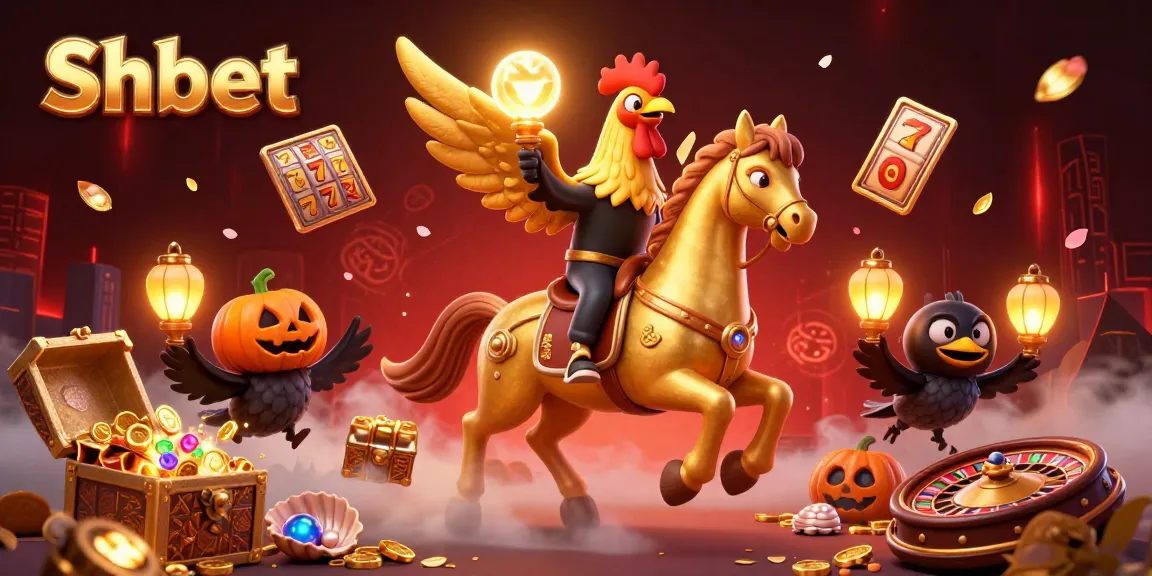 Experience Shbet's golden rooster riding a spectral horse in an action-packed casino scene.