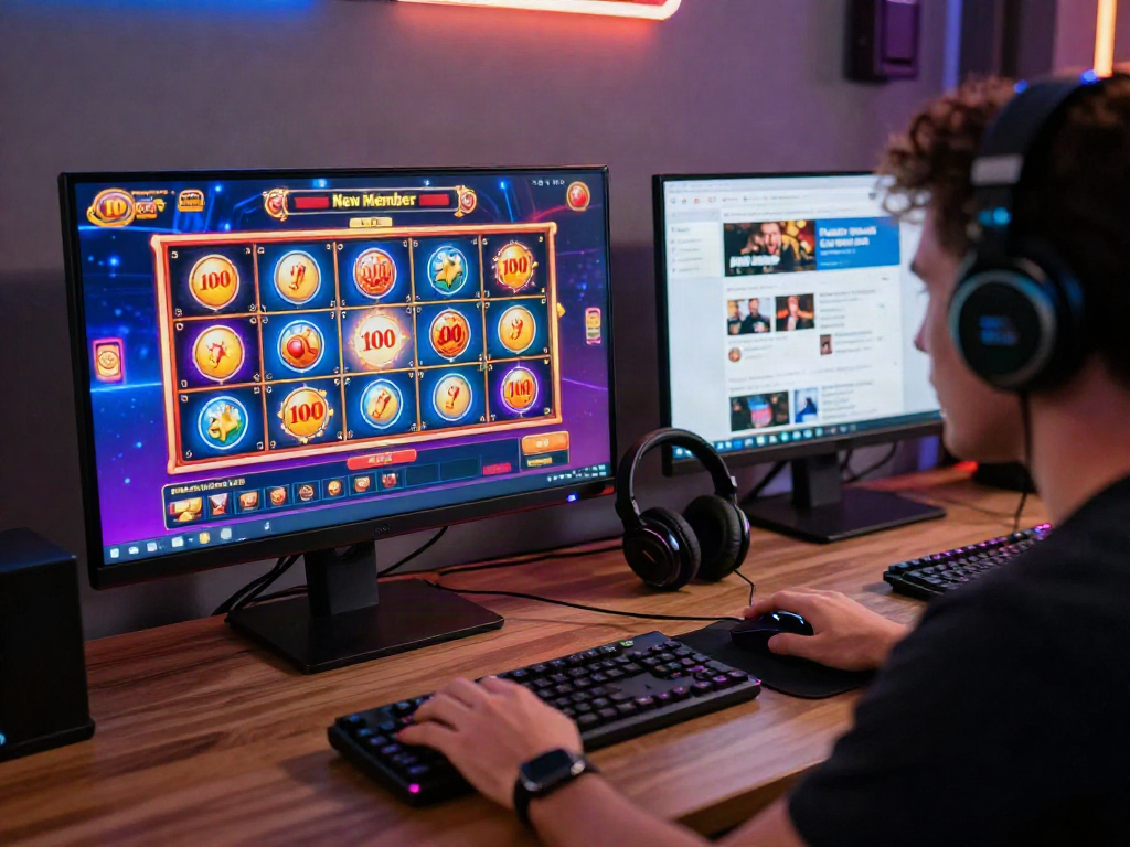 Exciting online gambling setup showing slot bonus new member 100 on screen with vibrant slot graphics