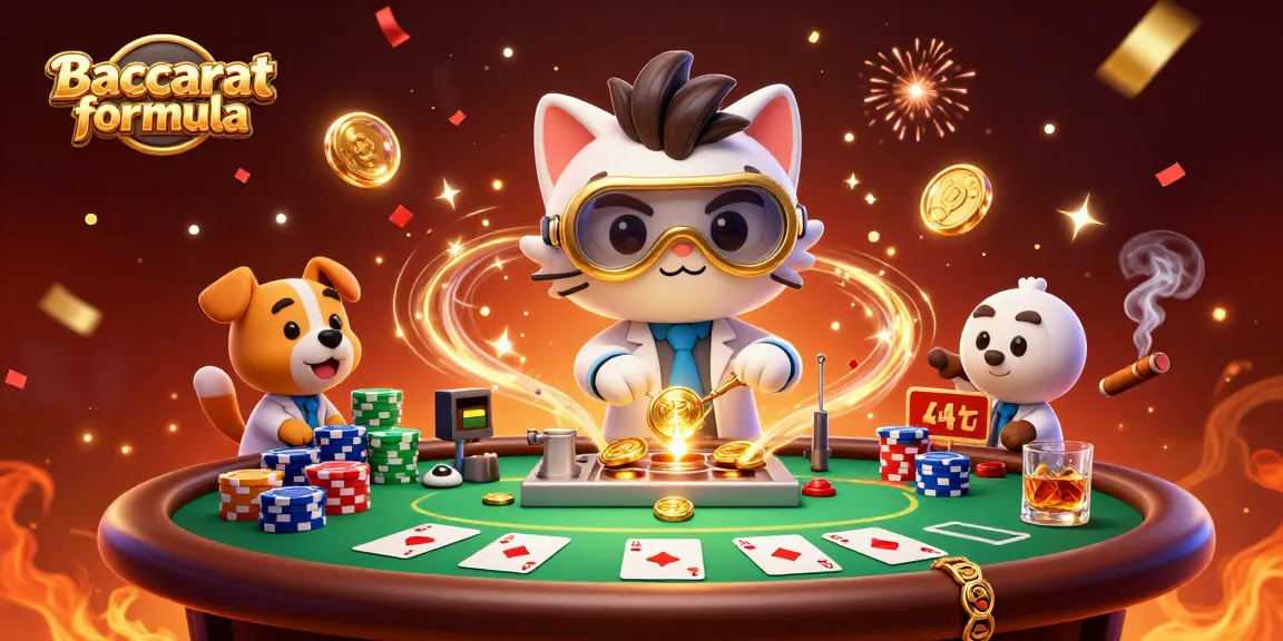 Winning Baccarat formula illustrated through a 3D playful scene involving gambling elements and characters.