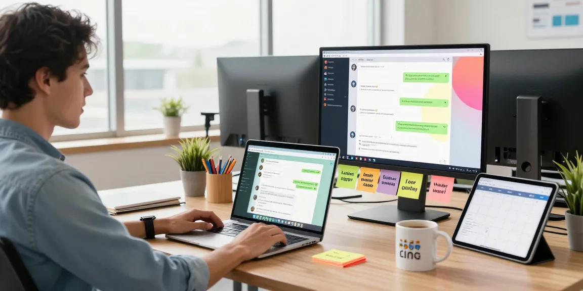 Professional using WhatsApp電腦版 in a modern workspace full of creative elements