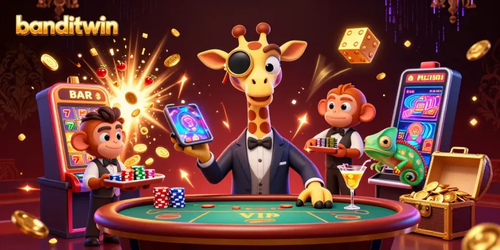 banditwin memperlihatkan jerapah tinggi bergaya di meja poker, simbol slot dan jackpot meledak