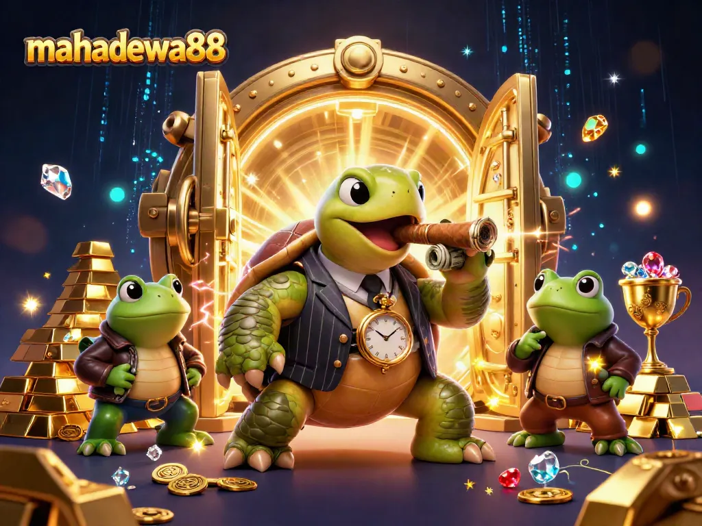 Experience the excitement of mahadewa88 with a massive snapping turtle in a mobster suit, flanked by bullfrog enforcers amidst a treasure scene.