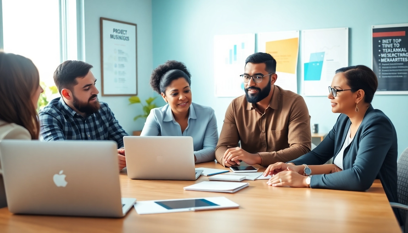 Professionals discussing small business IT services solutions in a vibrant office setting.