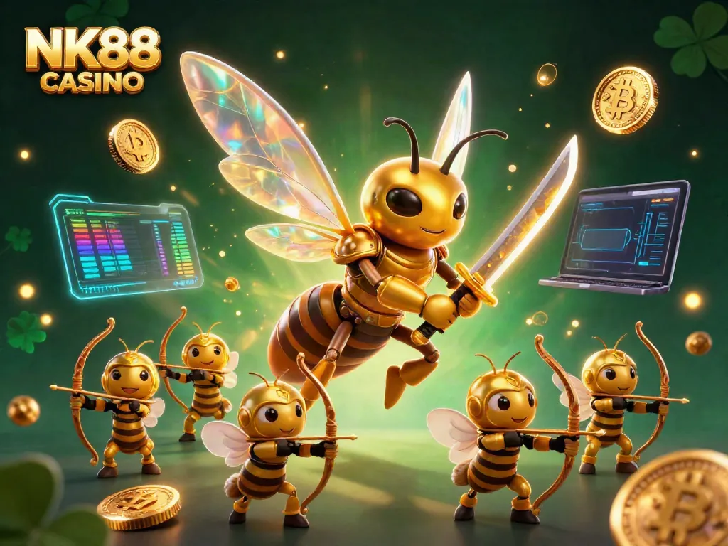 Experience the thrill of NK88 CASINO with a vibrant 3D depiction showcasing unique characters and cryptocurrency elements.