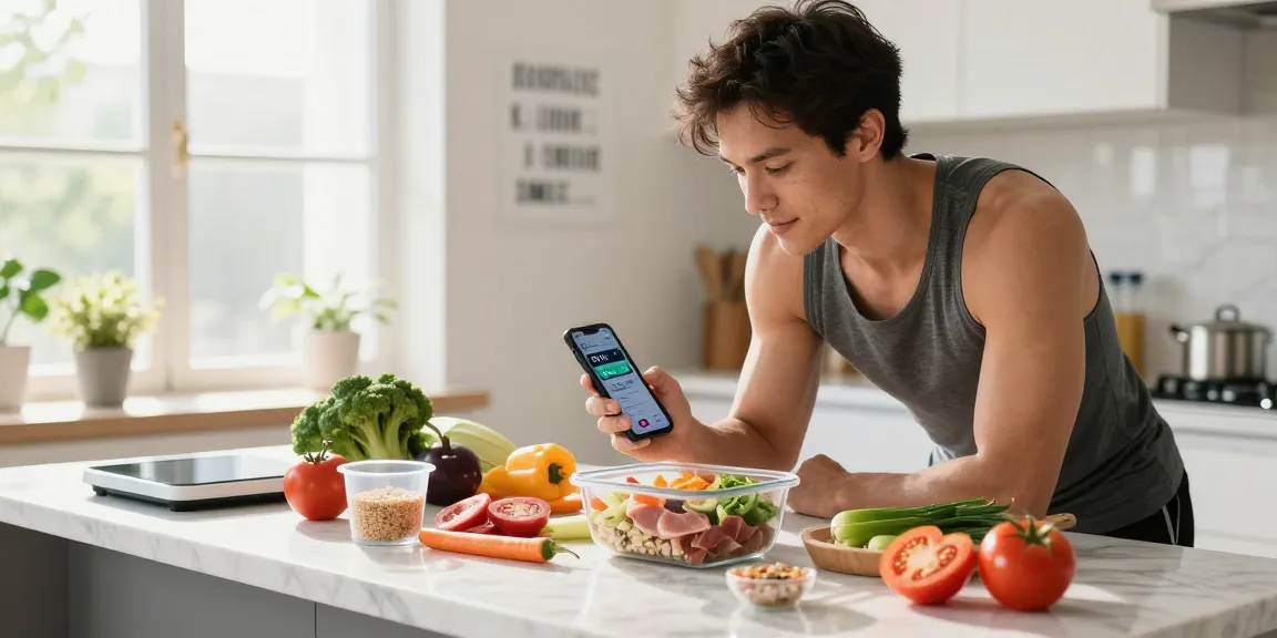 Using the best AI macro tracker app for healthy meal prep in a bright kitchen