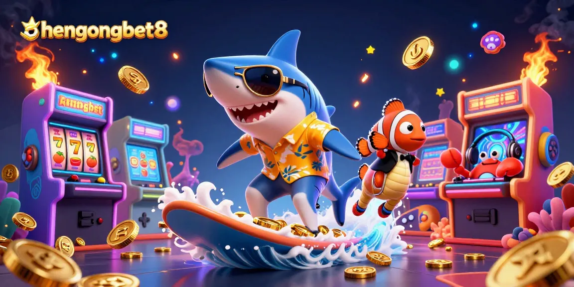 Engage with hengongbet8 and experience a vibrant scene of a shark surfing on gold coins in a lively casino atmosphere.