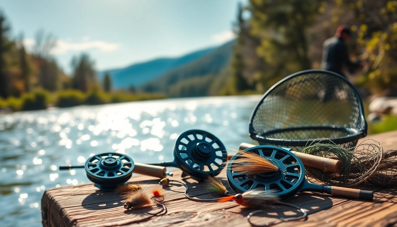 Showcasing premium fly fishing accessories on a wooden table by the river.