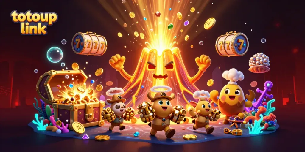 Experience the thrill with totoup link, featuring a triumphant golden volcano and slot reels erupting treasure.