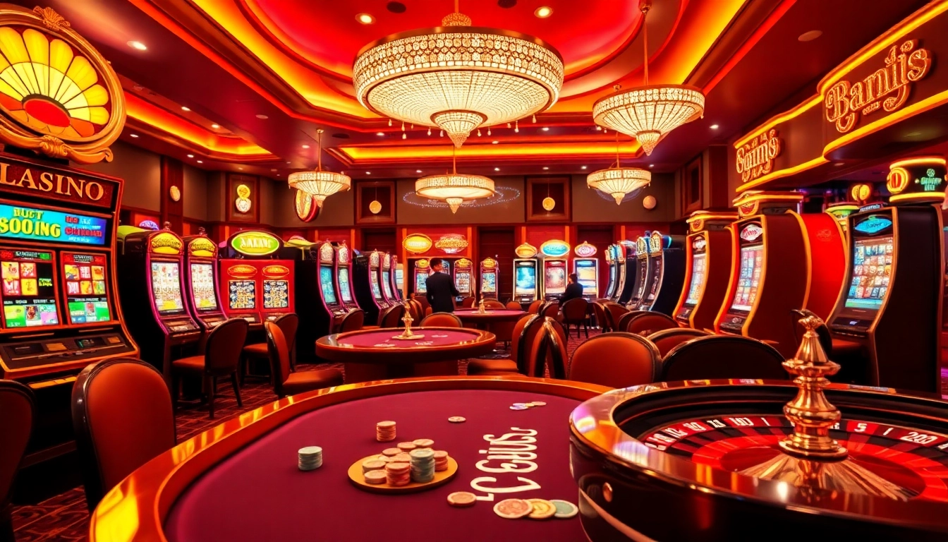 Une vue captivante d'un casino en ligne fiable, featuring des tables vibrantes et des jetons de poker colorés.