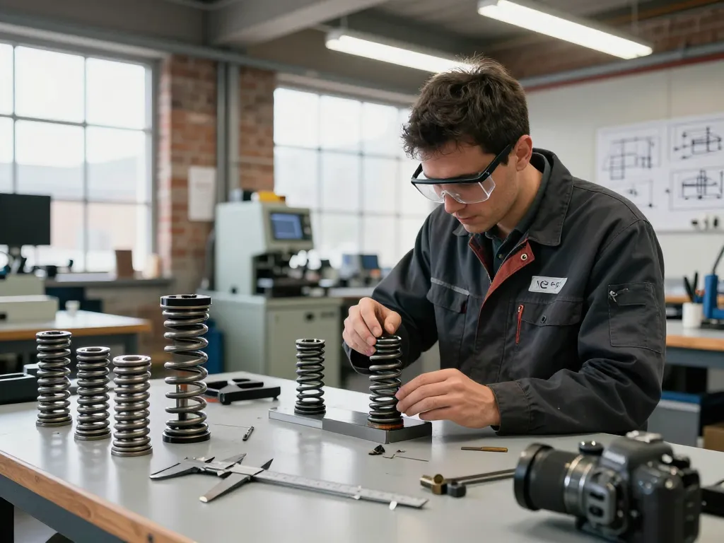 Explorând arcuri tractiune într-un atelier mecanic cu tehnician inspectând spring-uri.