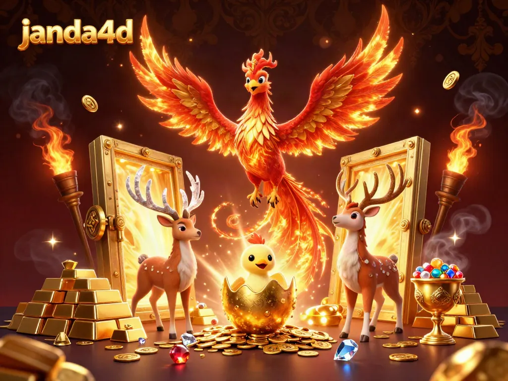 Janda4d hadir dengan ilustrasi 3D berwarna cerah, menampilkan phoenix api dan permainan slot gacor yang memikat.