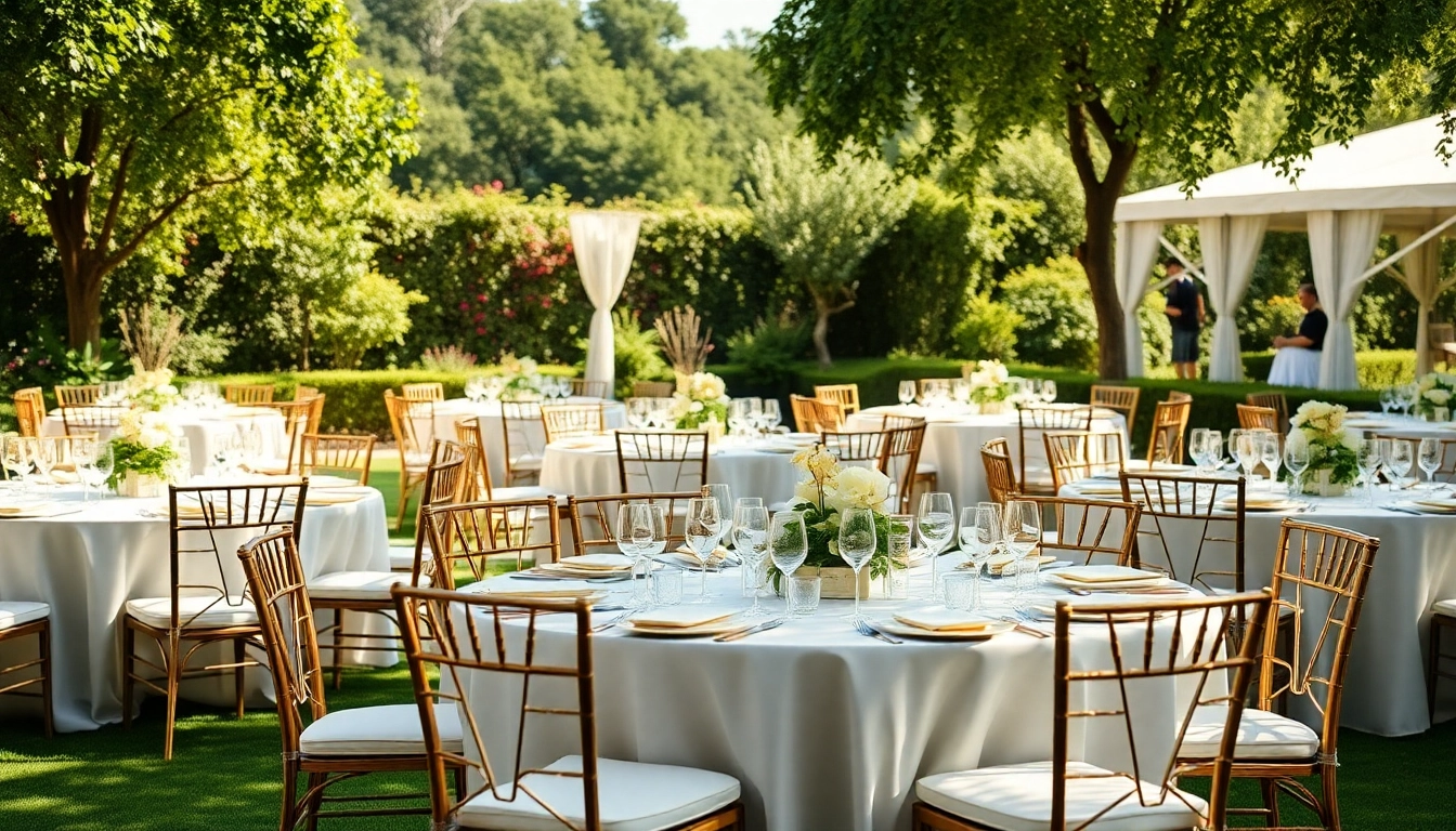 Stunning arrangement of Table Rentals for an outdoor event with elegant decor and centerpieces.