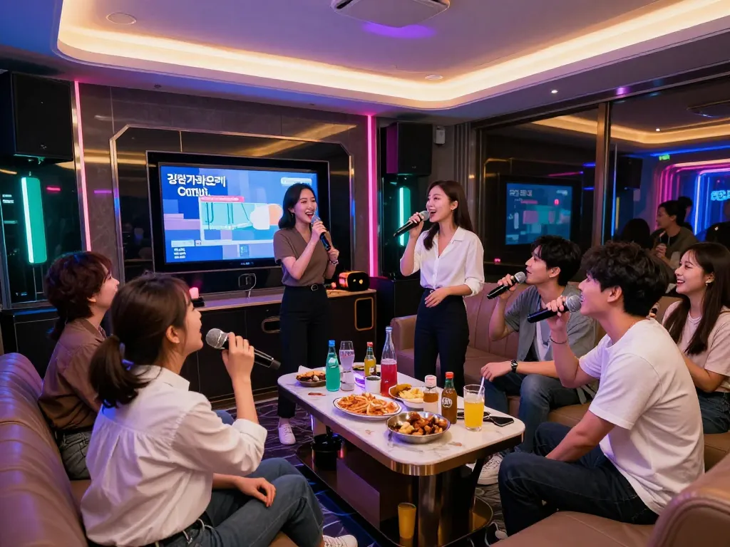 Experience the vibrant atmosphere of 강남가라오케 with friends and lively entertainment in a luxurious karaoke setting.