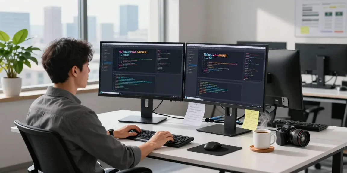 Working developer in a modern workspace focused on coding telegram中文版 application at dual monitors, enhancing productivity.