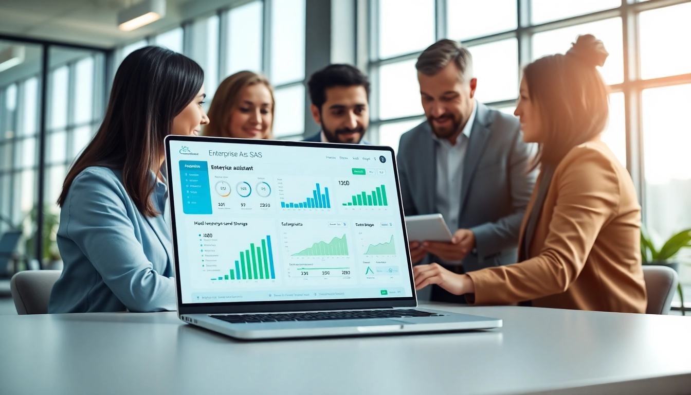 Showcasing enterprise assistant saas interface in a vibrant office environment.