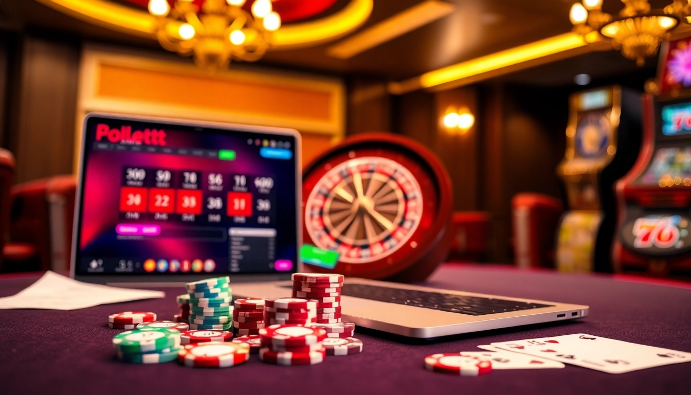 Scène captivante d'un casino en ligne fiable avec des jetons de poker, des cartes et une roulette.