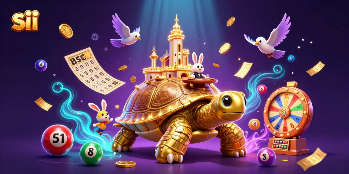 Engage with sii in an exciting casino scene featuring a golden tortoise and dynamic lottery elements.