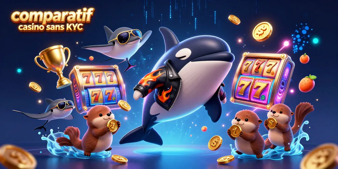 Comparatif casino sans KYC : illustration d'une scène dynamique avec une orque, une raie et des loutres qui misent.