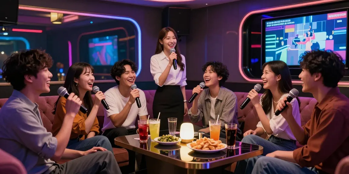 Enjoying a vibrant night at 인천쓰리노 karaoke lounge with friends and a manager.