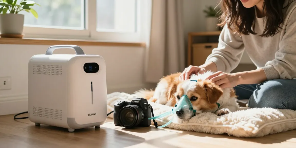寵物氧氣機租用詳情 in a caring home setting, pet owner using oxygen therapy for a small dog with a portable oxygen machine and soft mask.