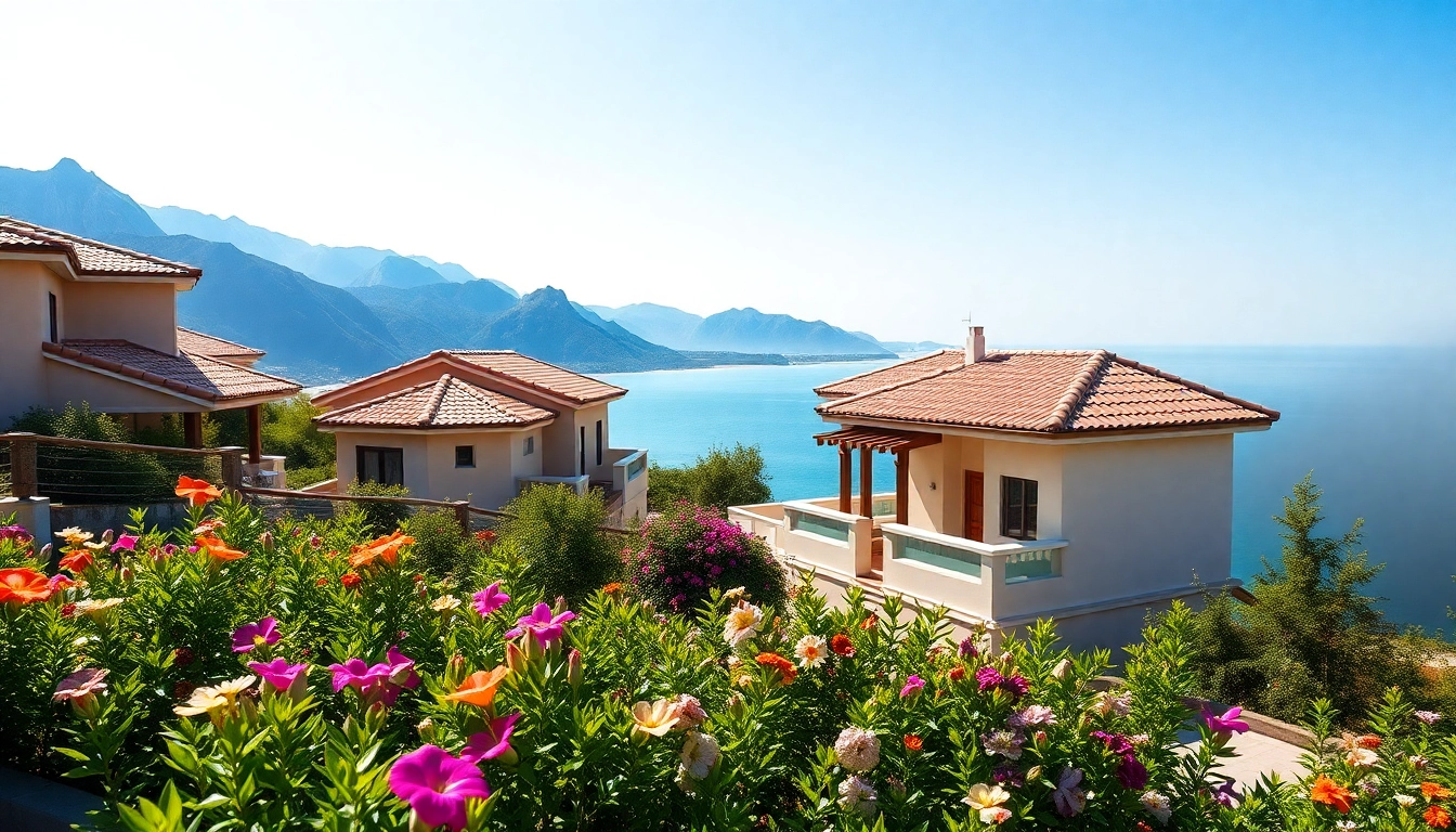 View of houses for sale in Alanya Turkey with Mediterranean backdrop and gardens.