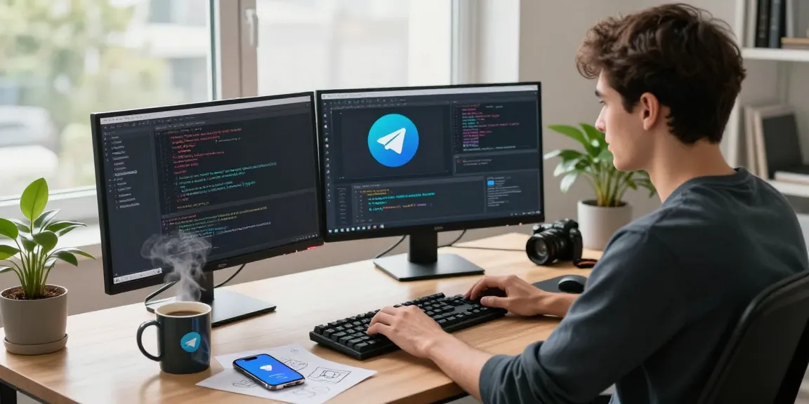 Dynamic workspace featuring coding activities and Telegram interface; optimized for telegram中文版下载.