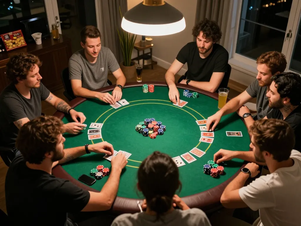 Players engaging in an exciting poker game at home, showcasing 789 club atmosphere with cards and chips