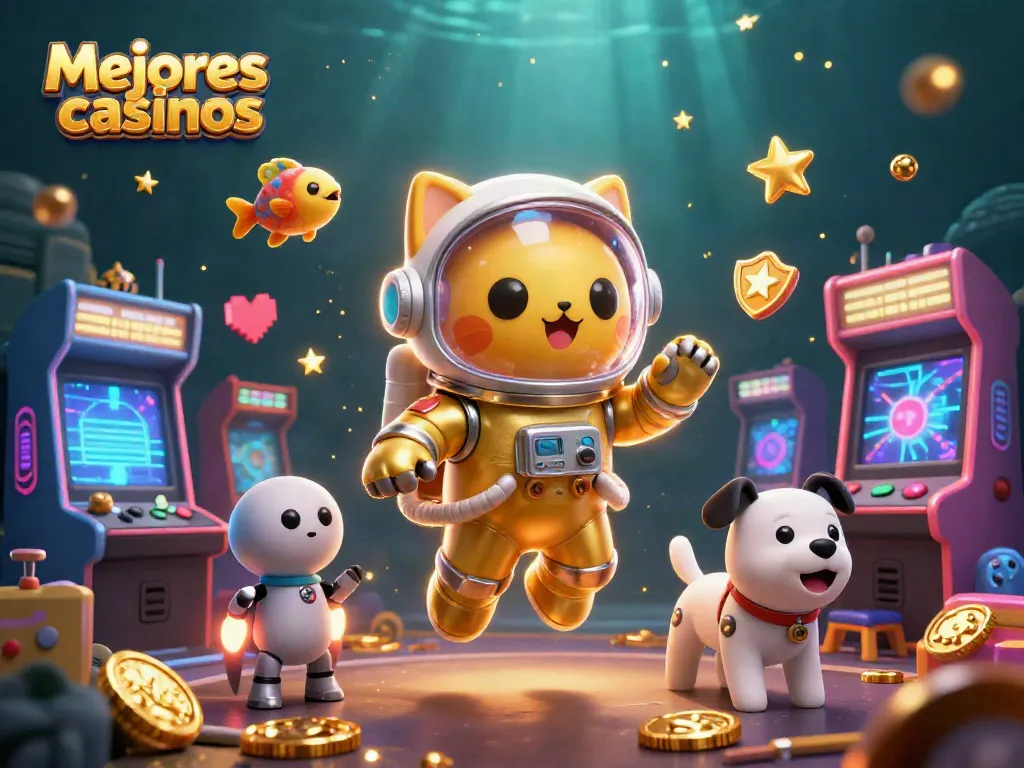 Disfruta de los mejores casinos con una ilustración vibrante de un gato astronauta y su compañero canino.