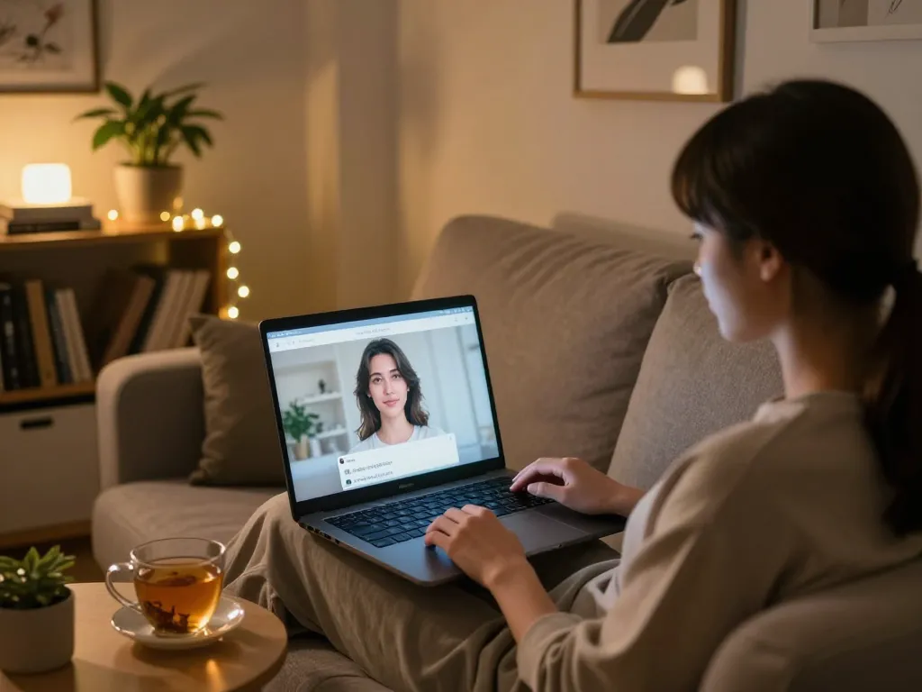 Cozy home scene featuring a person enjoying NSFW AI chat on laptop with ambient lighting.