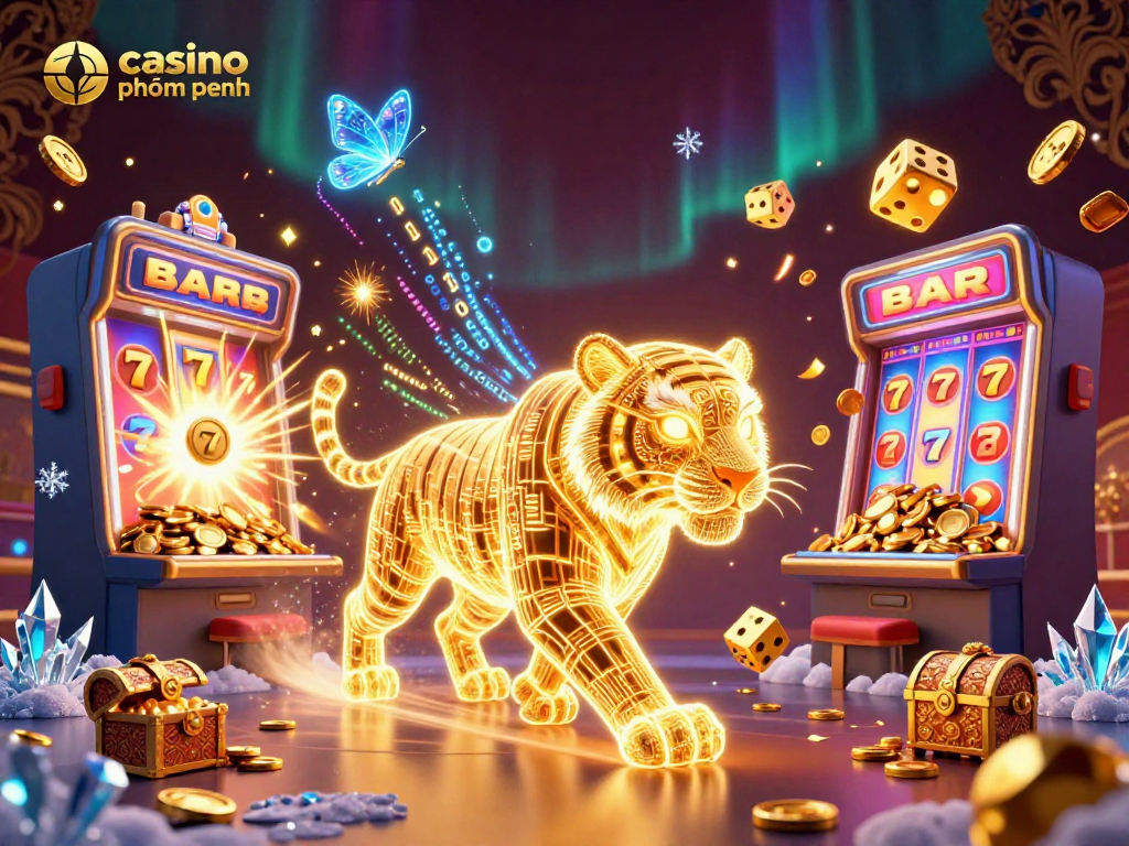 Experience the casino phnom penh atmosphere with a vibrant illustration of a golden tiger in a digital landscape.