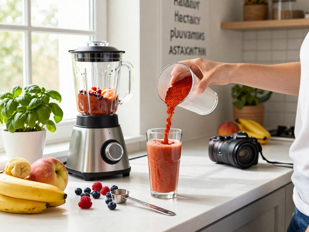 Fresh smoothie preparation with Haematococcus pluvialis astaxanthin, vibrant fruits, and healthy living.