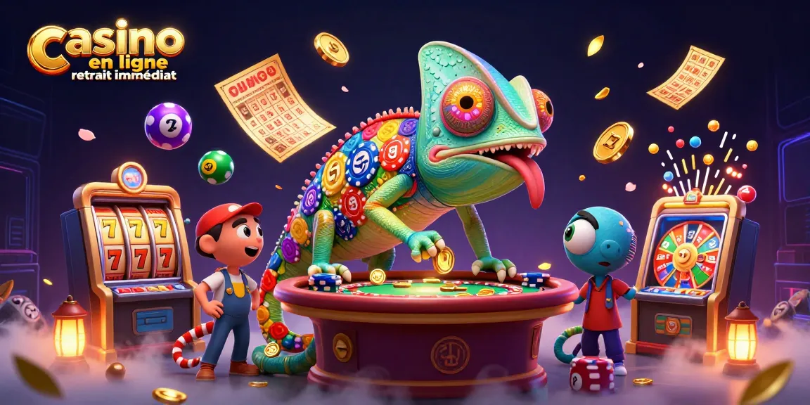 Gagnez avec le jeu casino en ligne retrait immédiat, mettant en scène un caméléon propriétaire de casino.