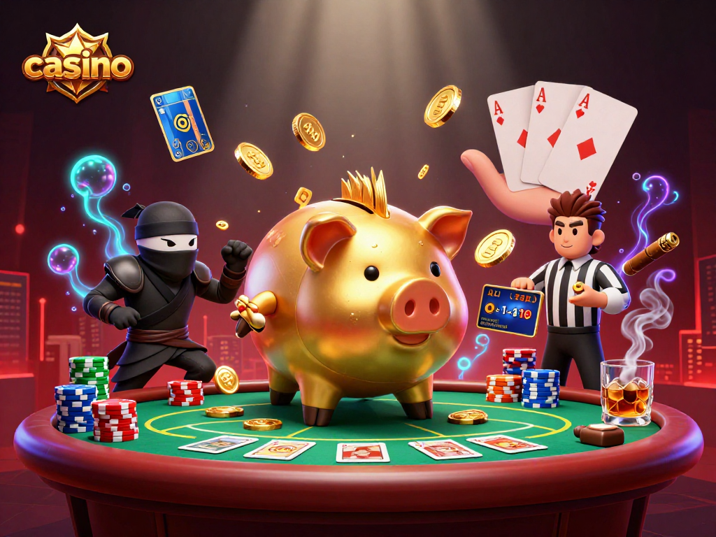 Engaging casino action scene featuring a golden piggy bank sumo wrestler amidst poker elements and vibrant details.