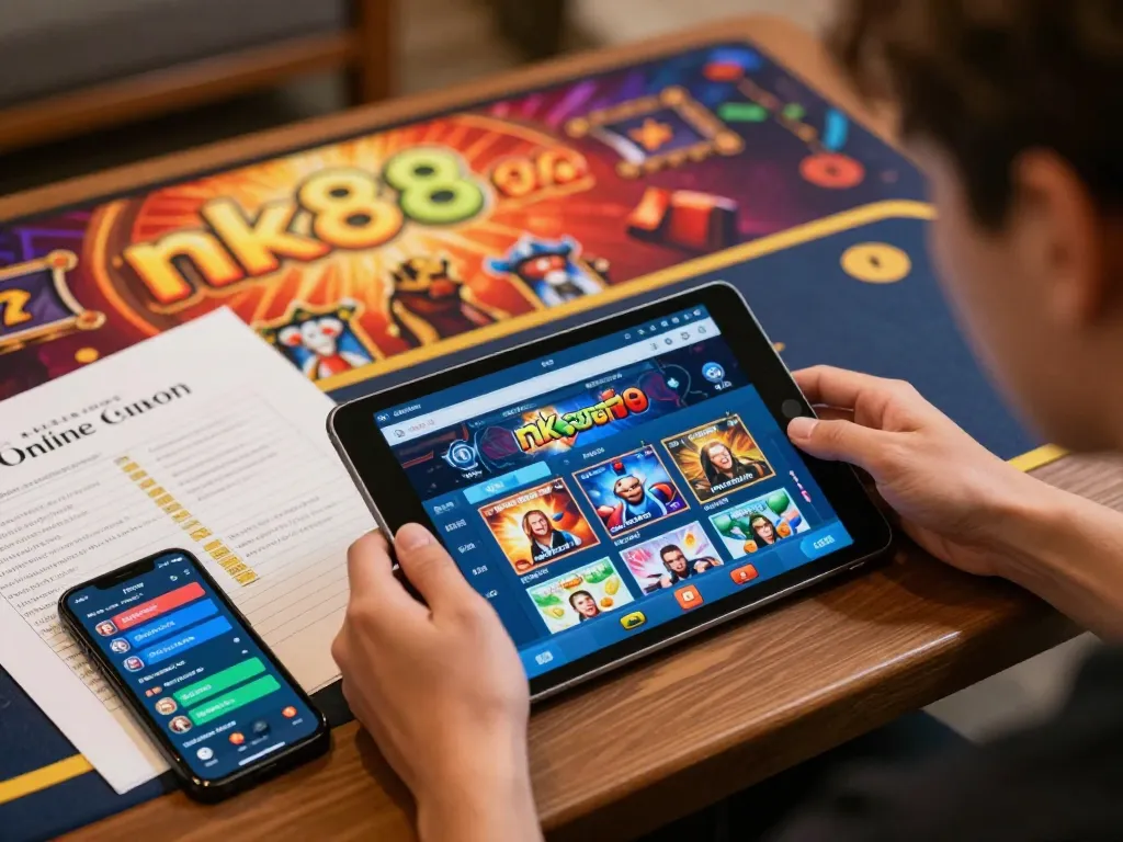 An engaged player using the nk88 casino app on a tablet, surrounded by strategy notes, showcasing the excitement of online gambling.