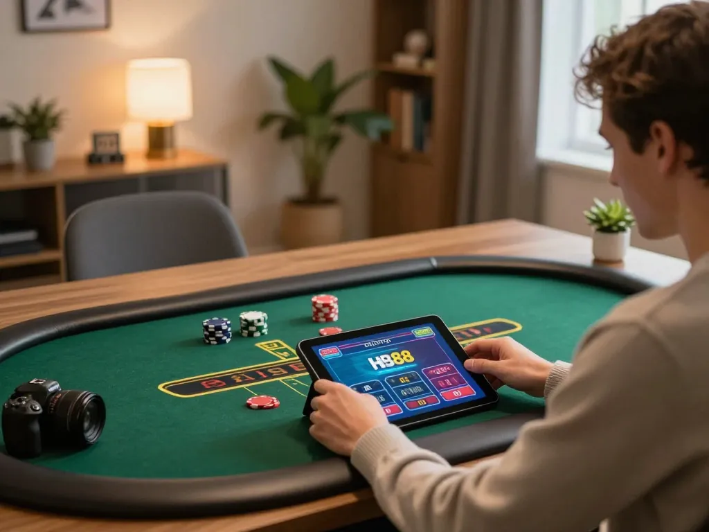 Engaging in live dealer blackjack on HB88 com, showcasing vibrant gameplay on a tablet.