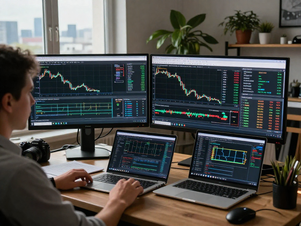 Trader using metatrader 5 analyzing Forex data in a modern workspace.
