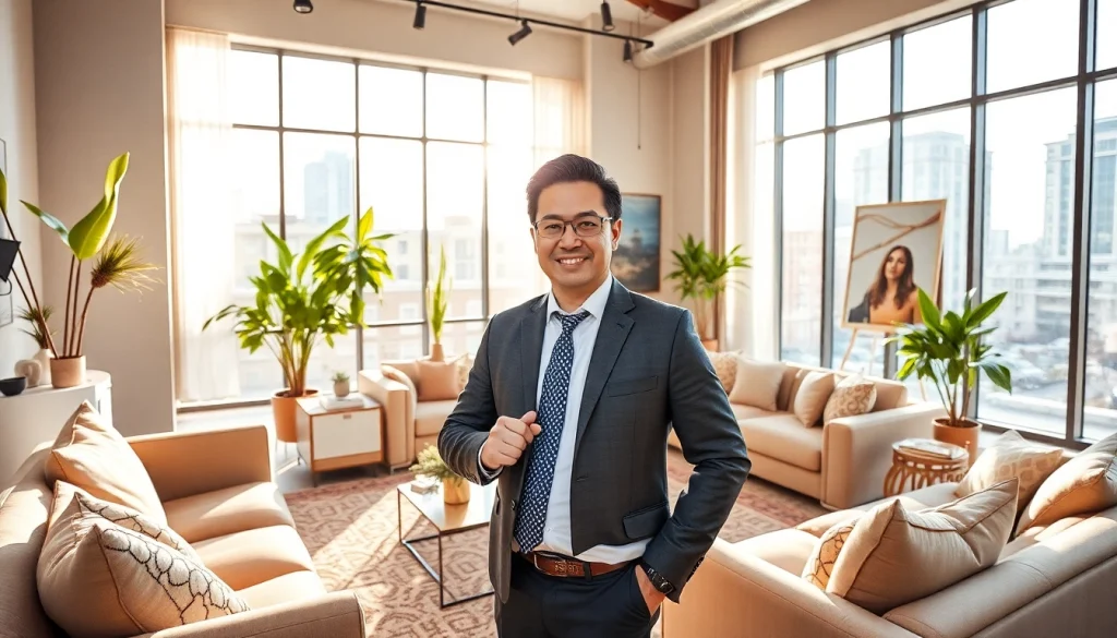 Showcasing Real Estate agent presenting a luxurious home interior with modern decor.
