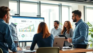 Dynamic workspace of a seo agency in malaysia with a digital marketing team analyzing strategies.