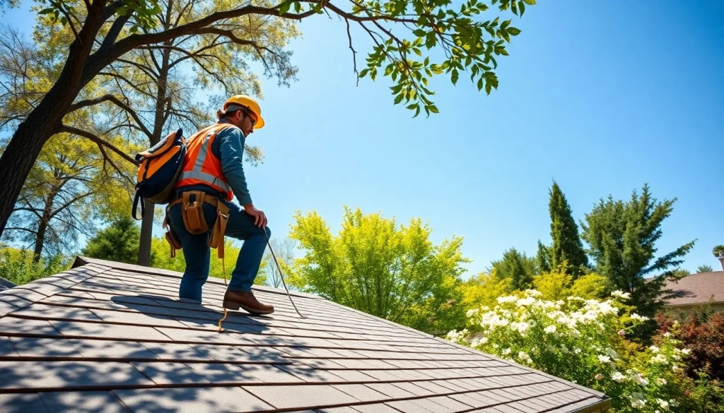 Showcasing reliable roofing services, a contractor inspects a roof in a sunny neighborhood promoting trust and expertise.