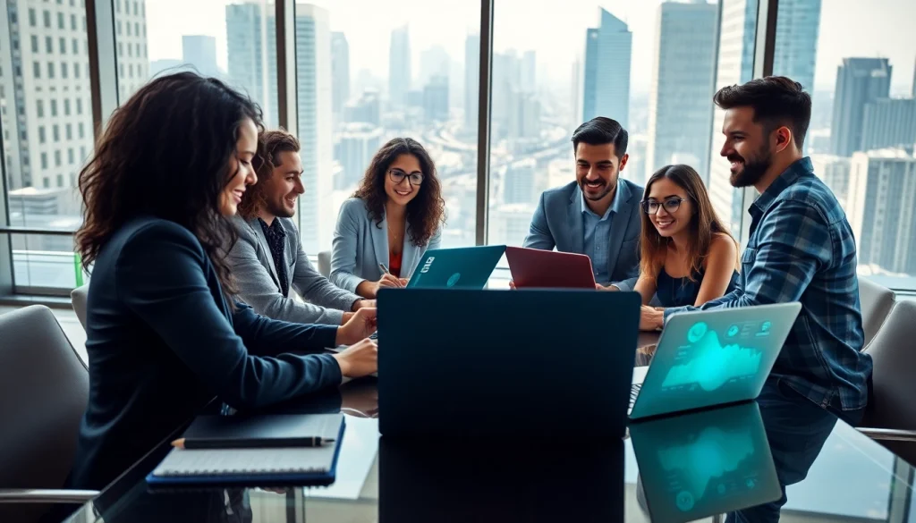 Technology collaboration in a modern office featuring diverse professionals and high-tech devices.