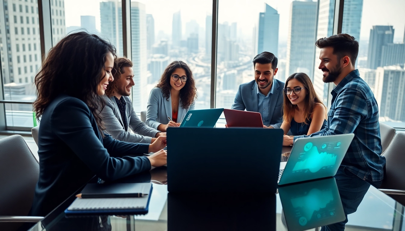 Technology collaboration in a modern office featuring diverse professionals and high-tech devices.