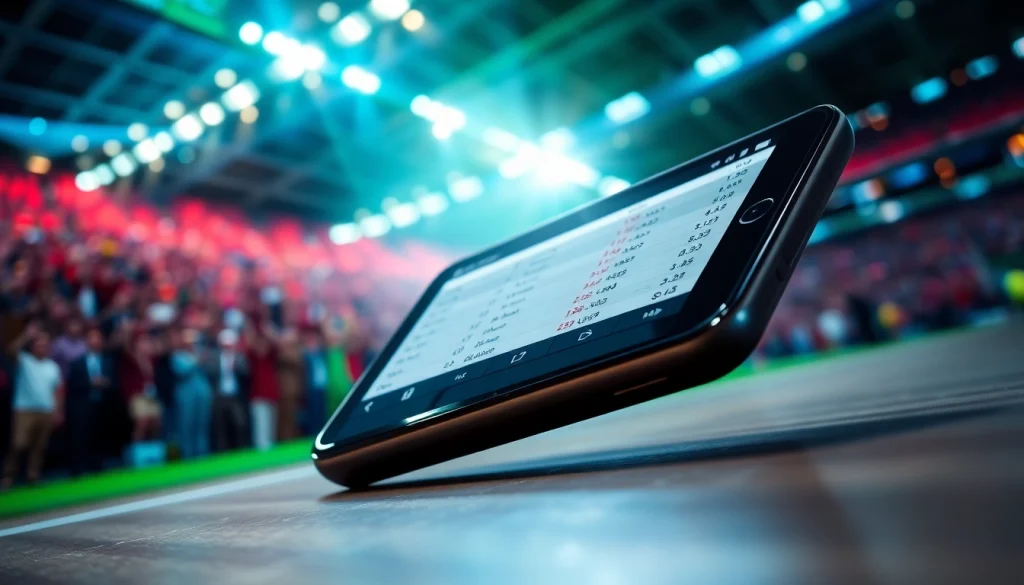 Engaging view of best sports betting sites in Brazil on a smartphone amidst a cheering stadium backdrop.
